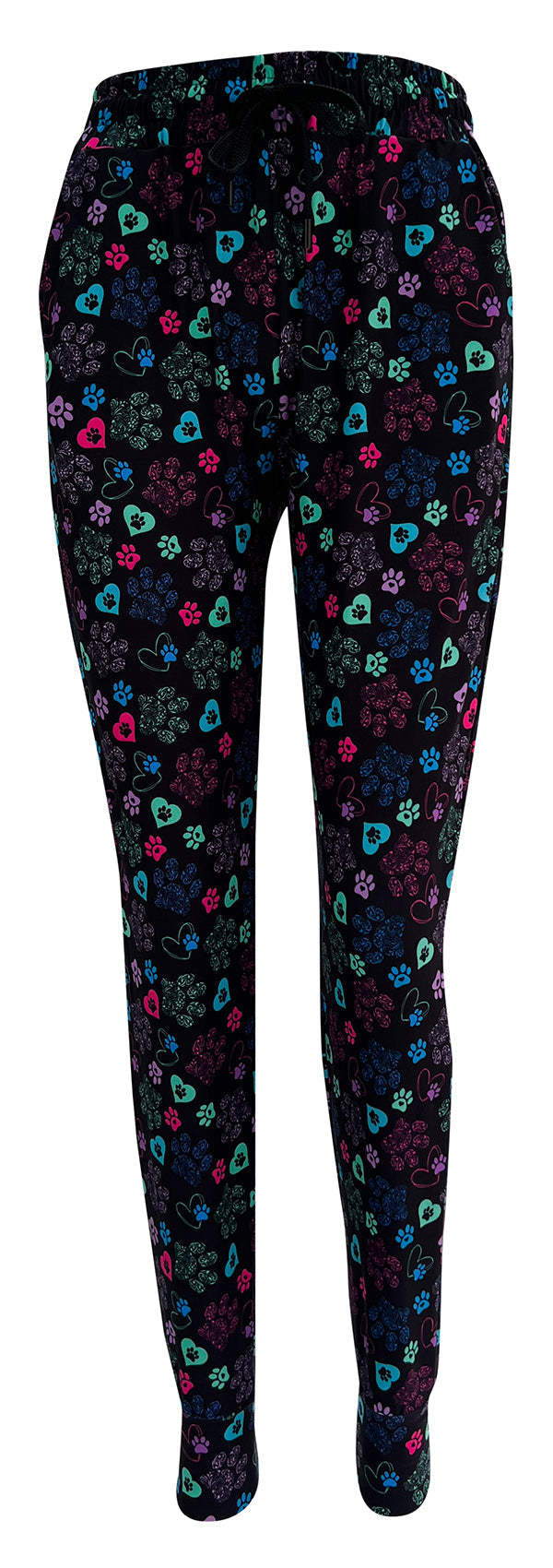 Black Magic Paws Joggers with colorful heart and paisley paw prints design