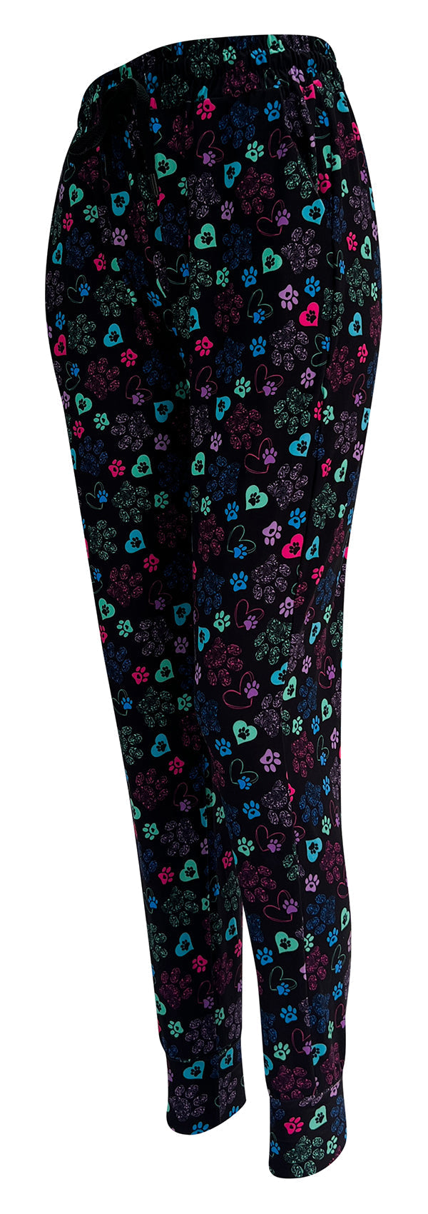 Black Magic Paws Joggers with colorful heart and paisley paw prints pattern