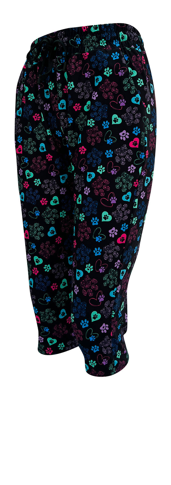 Magic Paws Joggers with bright heart and paisley paw prints on black background