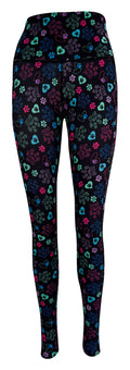 Magic Paws + Pockets leggings with colorful heart and paisley paws on black background, featuring soft fabric and deep side pockets.