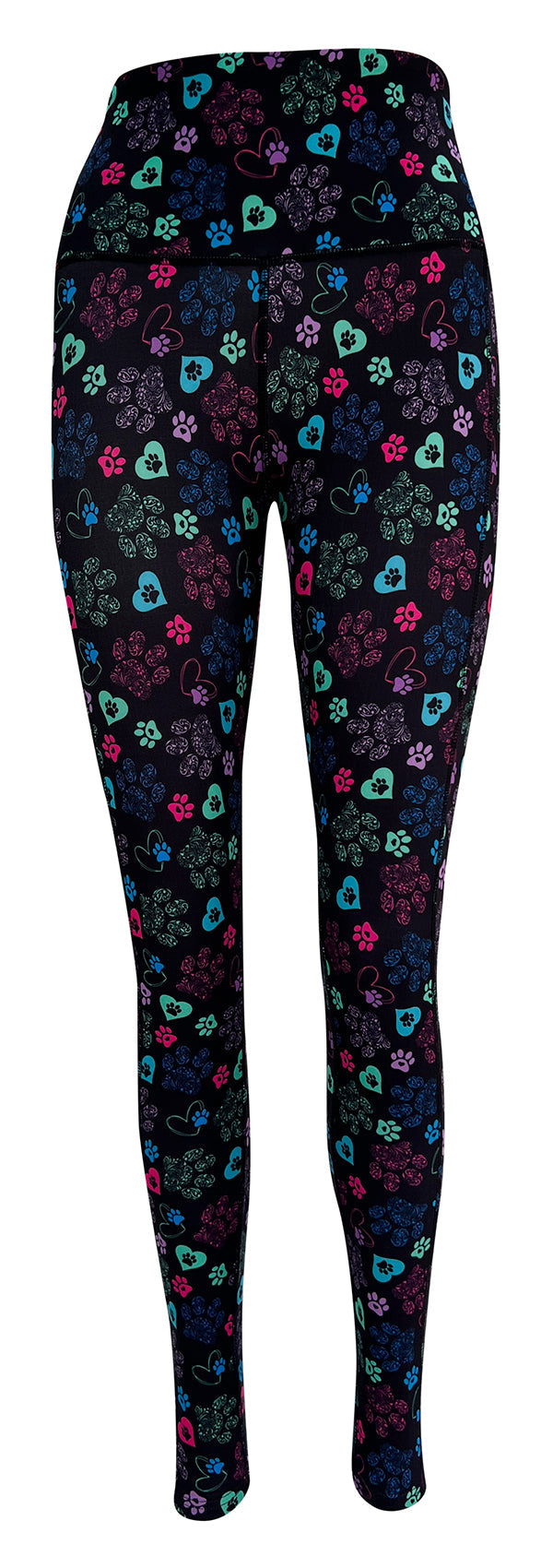 Magic Paws + Pockets leggings with colorful heart and paisley paws on black background, featuring soft fabric and deep side pockets.