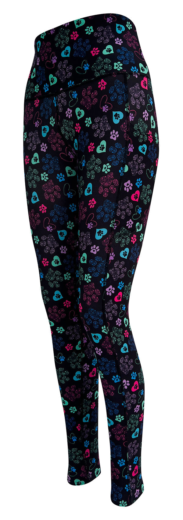 Black leggings with colorful heart and paisley paws pattern and deep side pockets, Magic Paws + Pockets design