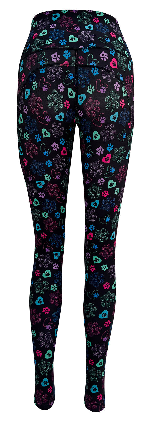 Black leggings with colorful heart and paisley paw prints featuring deep side pockets and structured stitching, Magic Paws + Pockets design