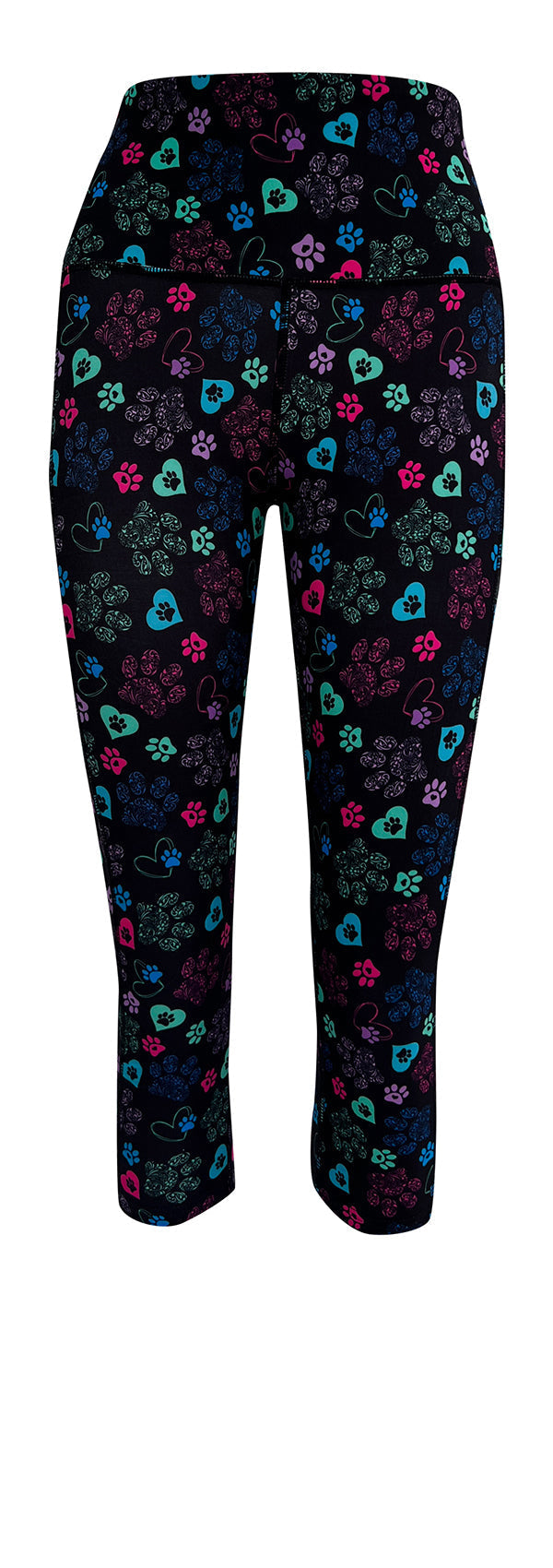 Black leggings with colorful heart and paisley paw prints and deep side pockets, Magic Paws + Pockets design