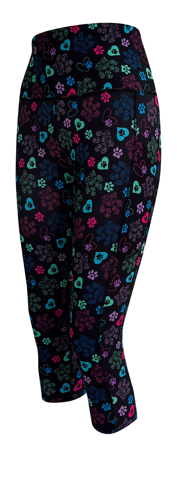 Black leggings with colorful heart and paisley paw prints and deep side pockets Magic Paws + Pockets