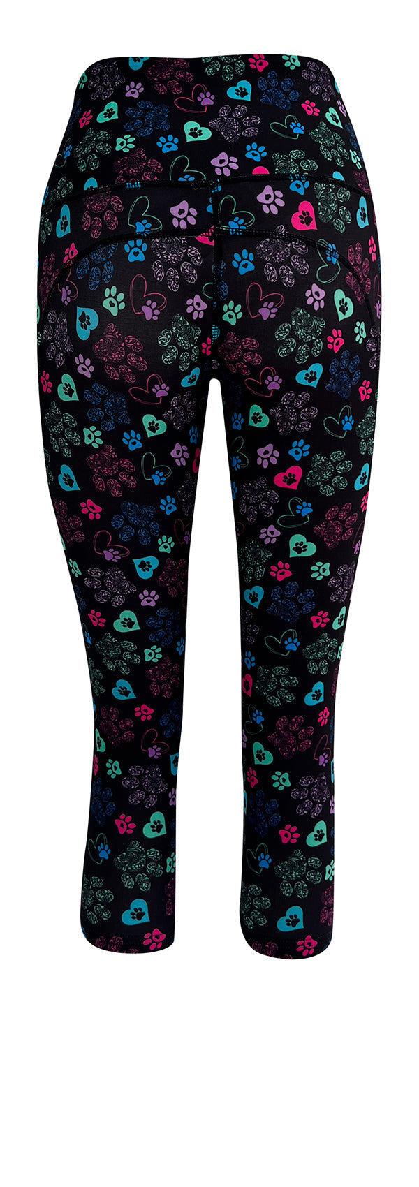Black leggings with colorful heart and paisley paw prints, featuring deep side pockets and structured stitching, Magic Paws + Pockets design.