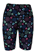 Magic Paws Shorts with colorful heart and paisley paw prints on black background and deep side pockets.