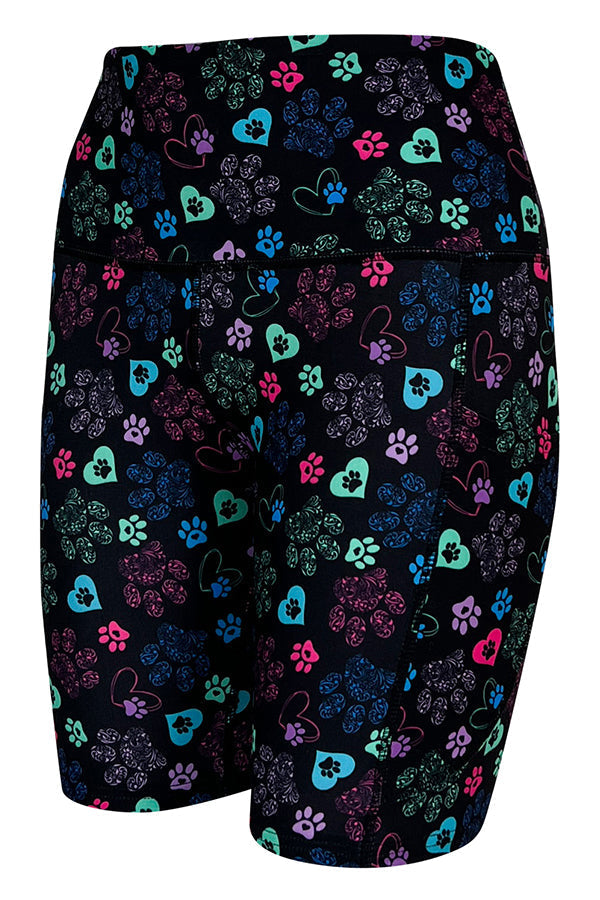 Black Magic Paws Shorts with colorful heart and paisley paw prints and deep side pockets
