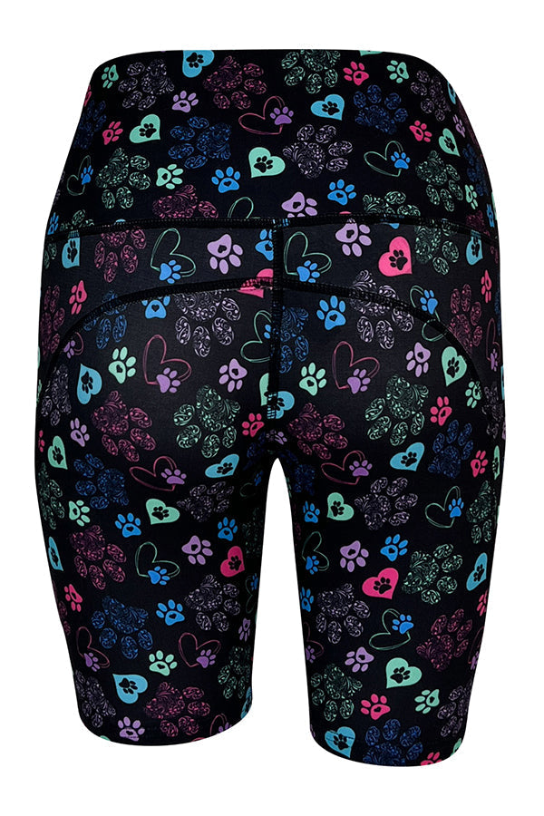 Black Magic Paws Shorts with colorful heart and paisley paw prints and deep side pockets