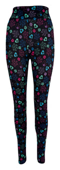 Black leggings with colorful heart and paisley paw prints, Magic Paws design