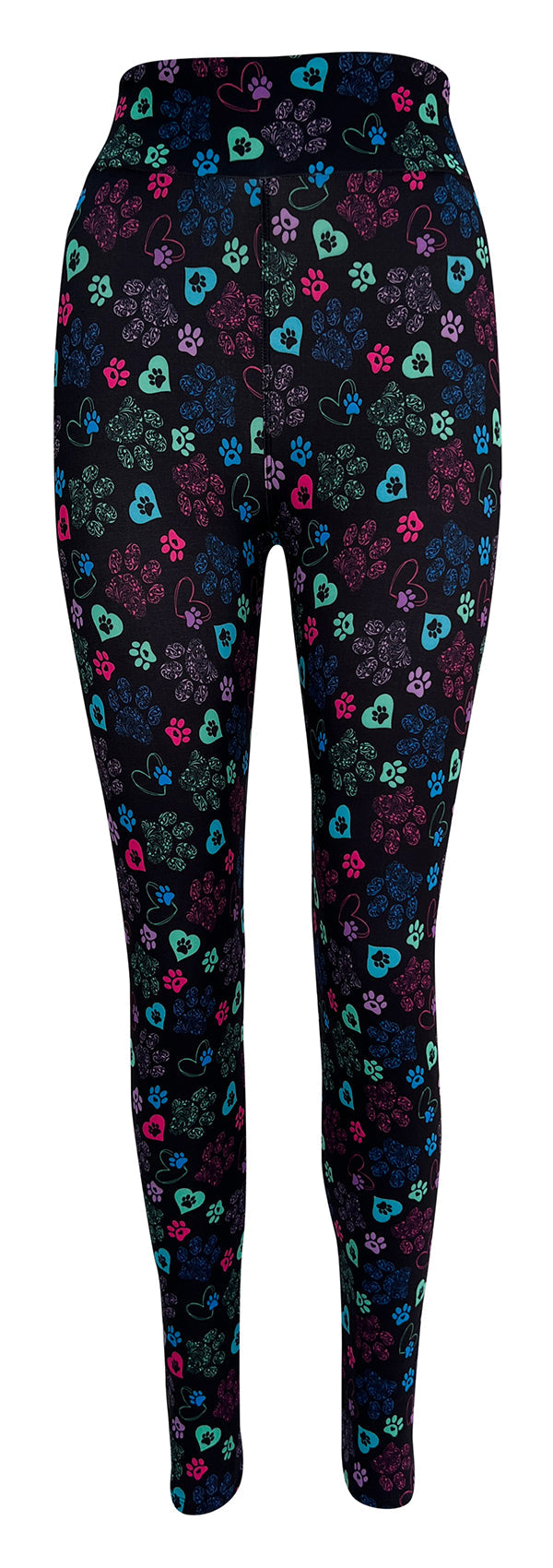 Black leggings with colorful heart and paisley paw prints, Magic Paws design