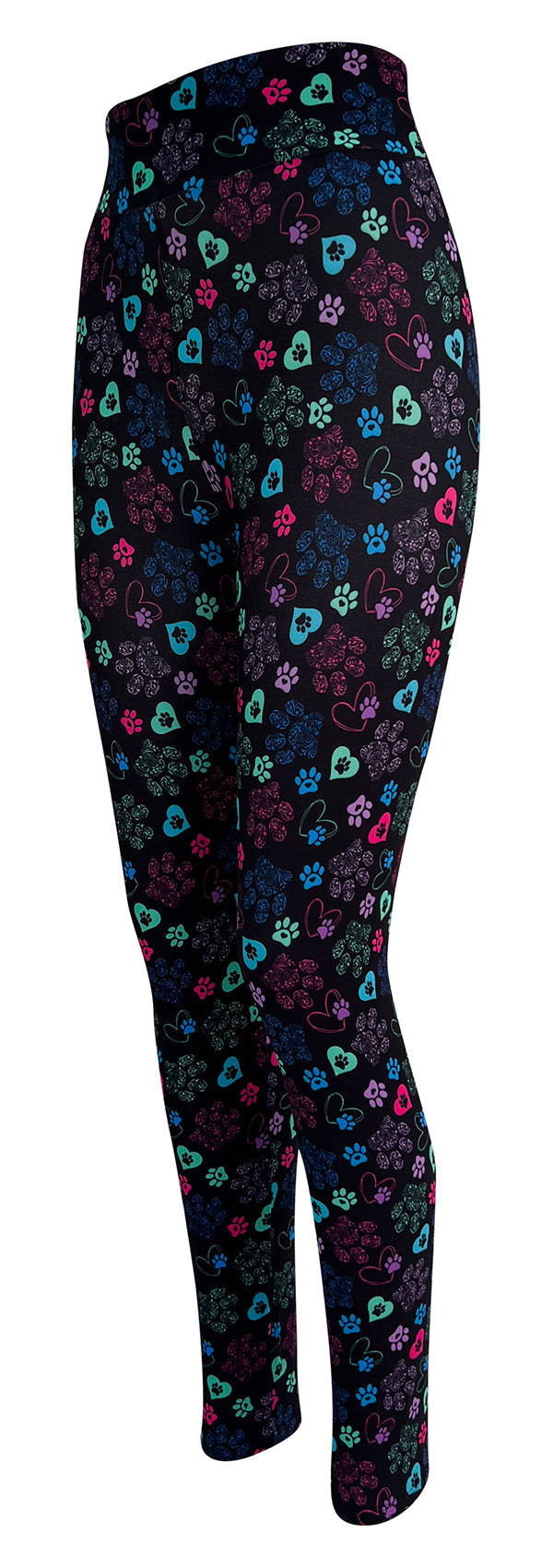 Black leggings with brightly coloured heart and paisley paw prints Magic Paws design