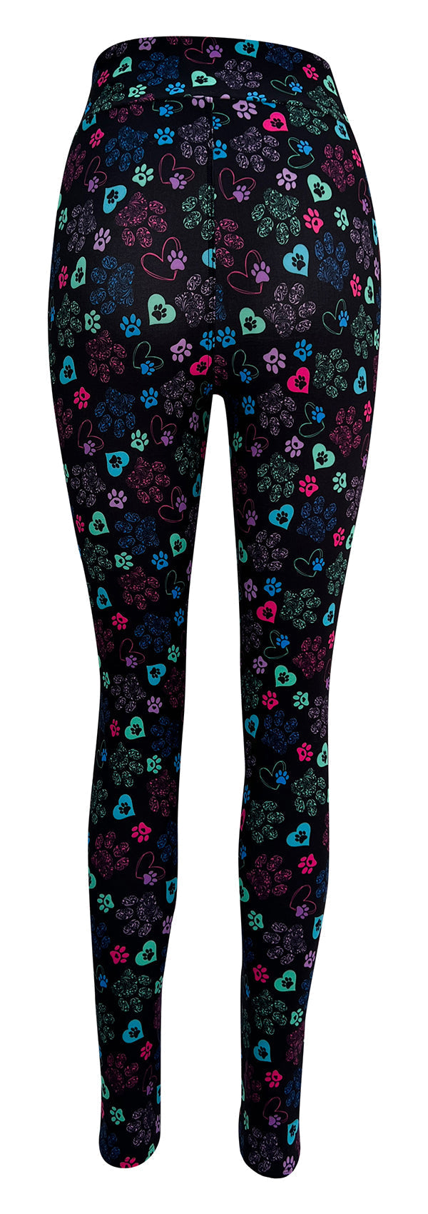 Magic Paws leggings with colorful heart and paisley paw prints on black background