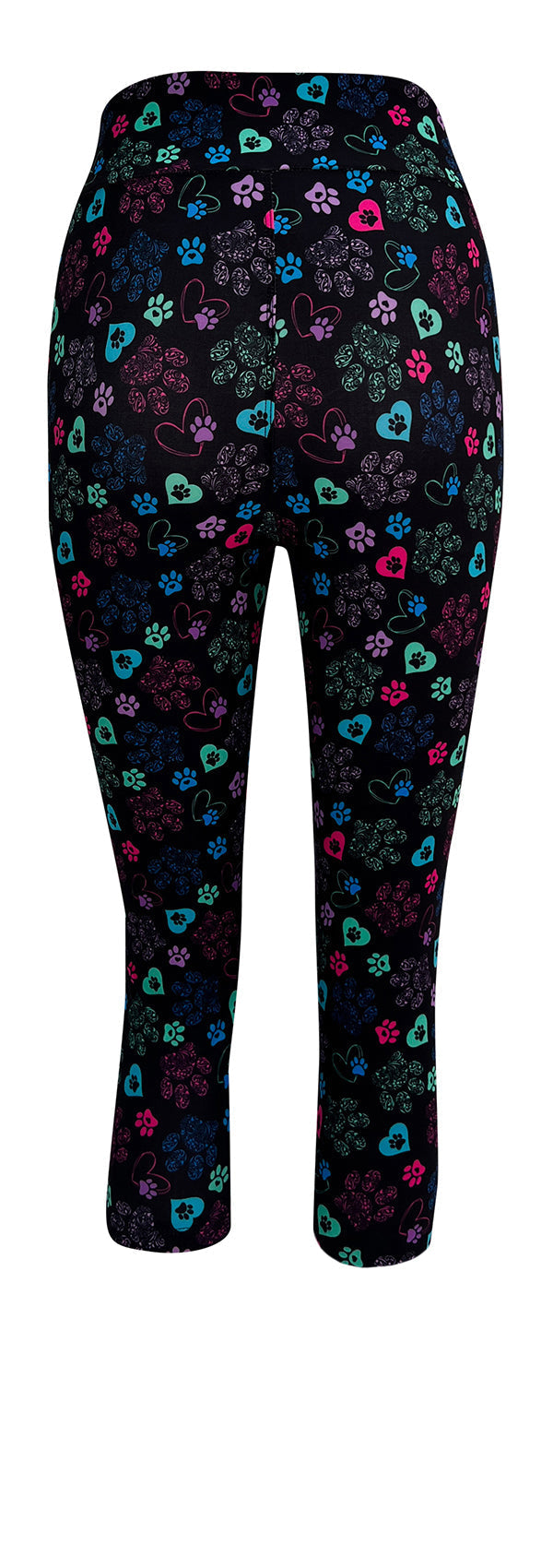 Black leggings with brightly colored heart and paisley paw prints, Magic Paws design