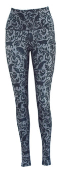 Grey leggings with pockets featuring a subtle cat face pattern and high waistband for comfort and style