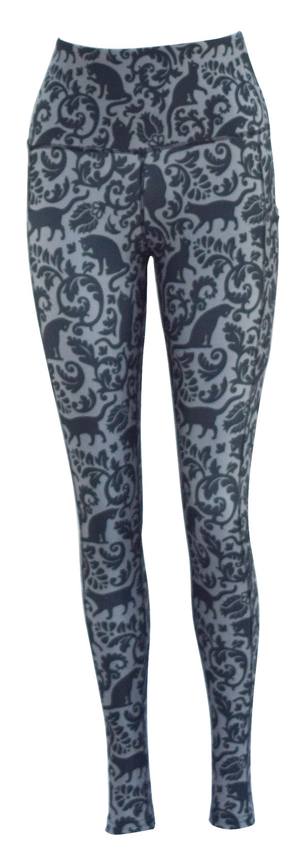 Grey leggings with pockets featuring a subtle cat face pattern and high waistband for comfort and style