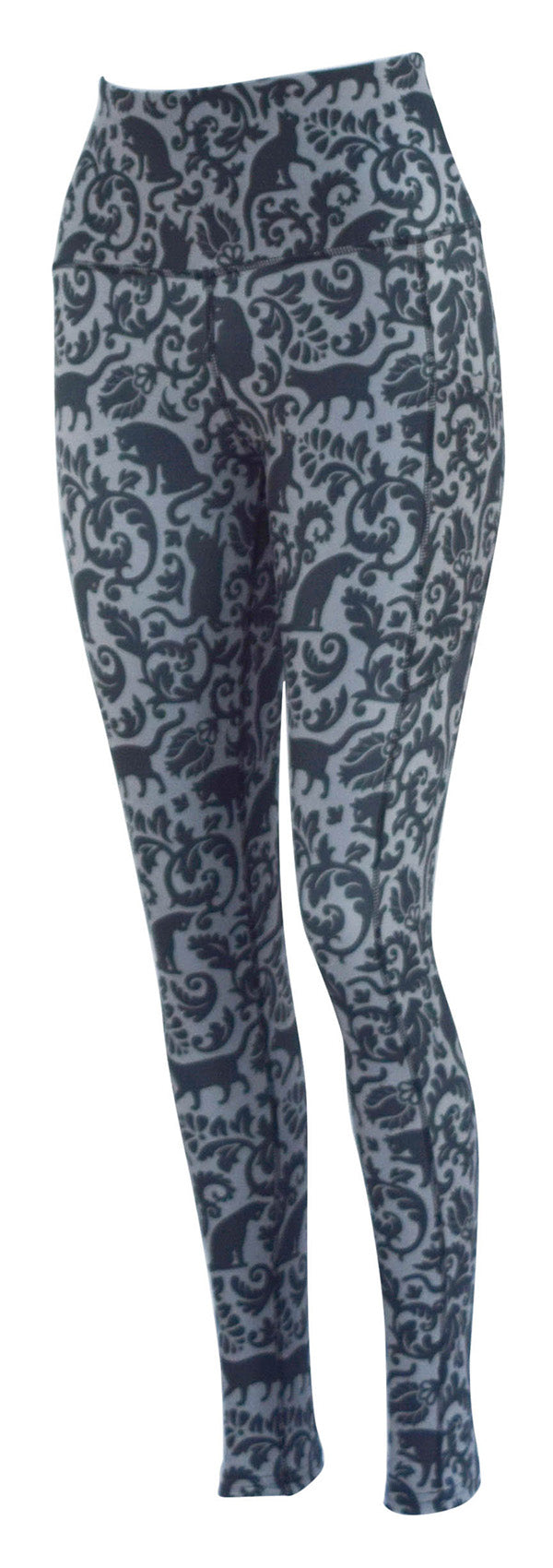 grey leggings with pockets featuring elegant feline and swirl pattern, high waistband, soft breathable fabric
