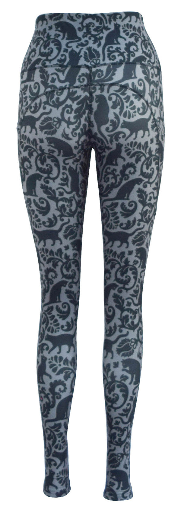 Grey leggings with pockets featuring a black cat and vine pattern, high waistband, and stretchy fit for comfort and style