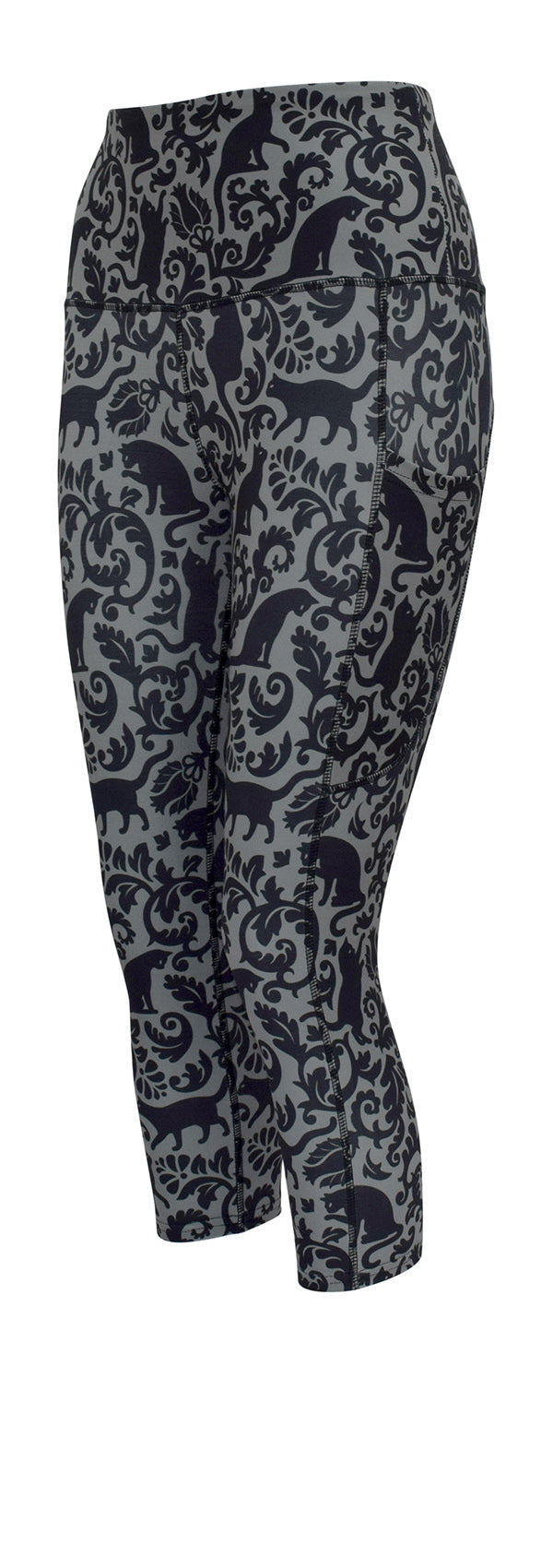 Grey leggings with black cat pattern and deep side pockets for a comfortable, stylish fit