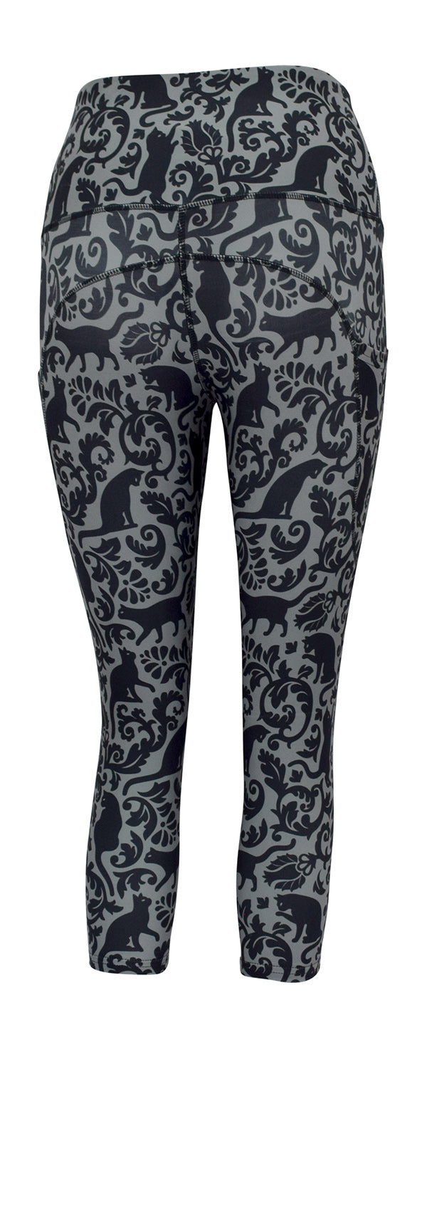 grey leggings with pockets featuring black cat pattern and high waistband