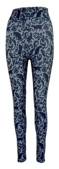 Grey leggings with intricate dark blue Majestic Felines cat and floral pattern design