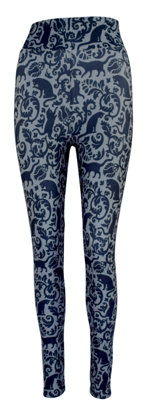 Grey leggings with intricate dark blue Majestic Felines cat and floral pattern design