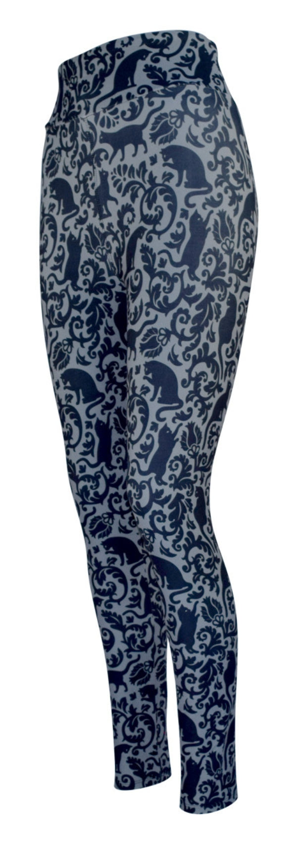 Leggings with majestic felines pattern in dark blue on a grey background, combining cute and classy style