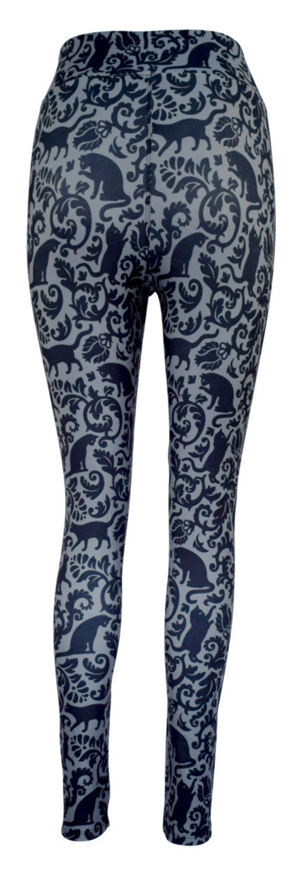 Grey leggings with navy blue majestic felines and decorative patterns design