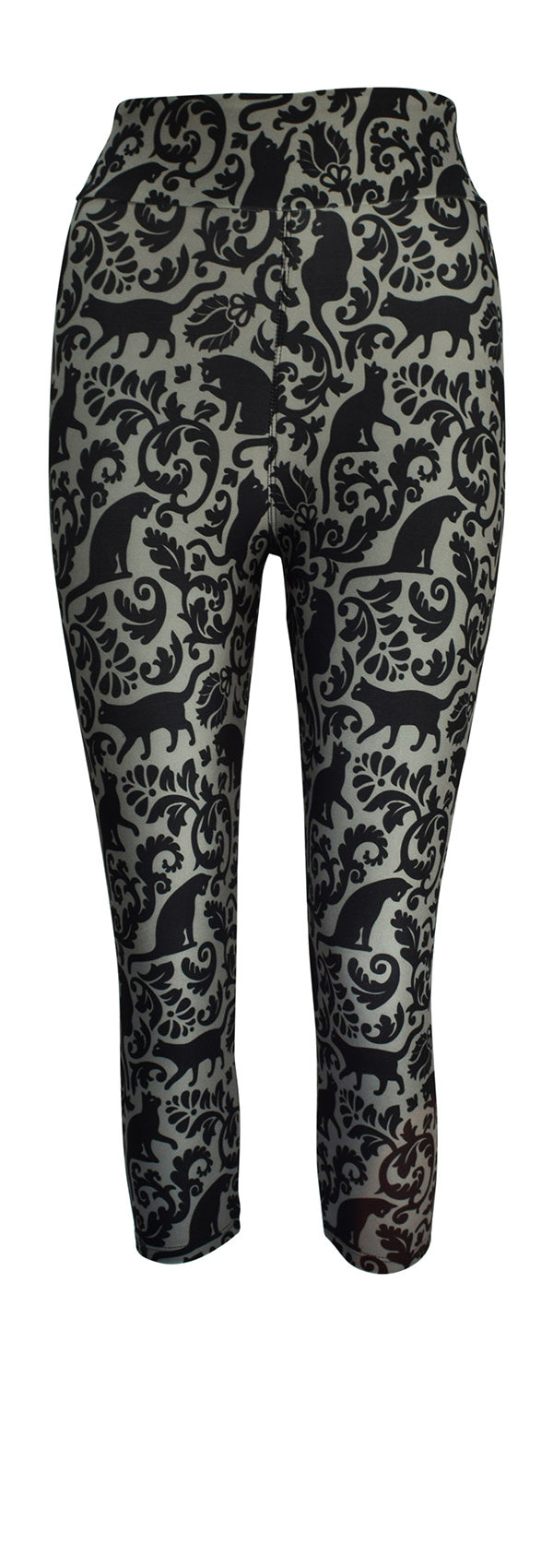 Leggings with black majestic felines and ornate patterns on a grey background