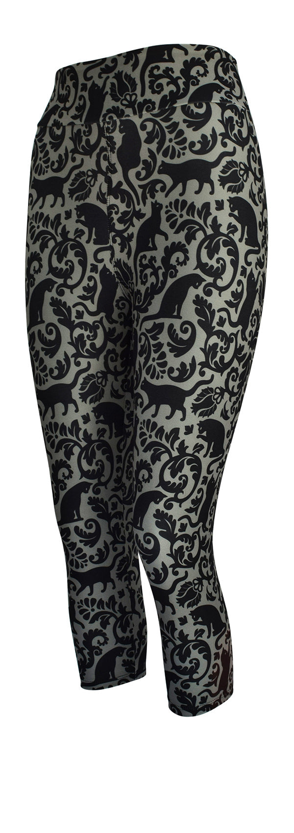 Leggings featuring a grey background with black majestic felines and elegant swirly patterns.