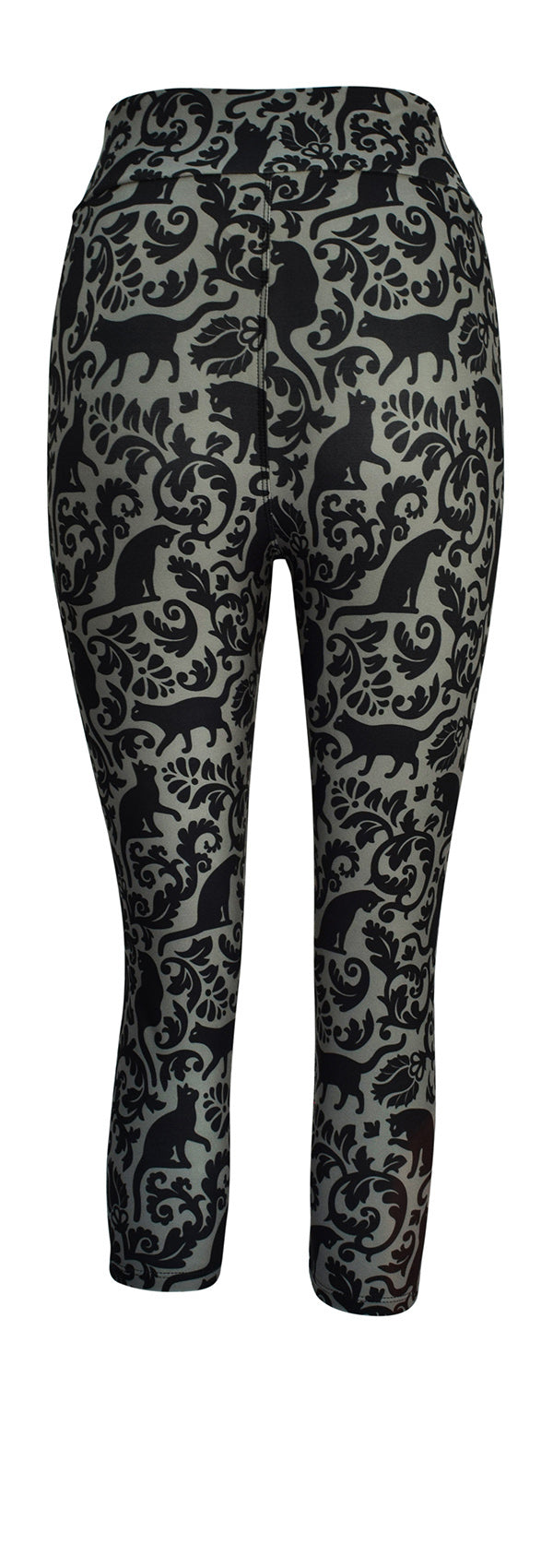 Leggings with black majestic felines and ornamental patterns on grey background