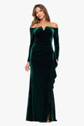 "Marissa" Velvet Off Shoulder Side Ruffle Dress