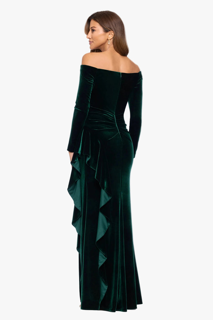 "Marissa" Velvet Off Shoulder Side Ruffle Dress