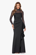 Black “Maxina” Techno Scuba and Mesh Long Sleeves Dress, front view