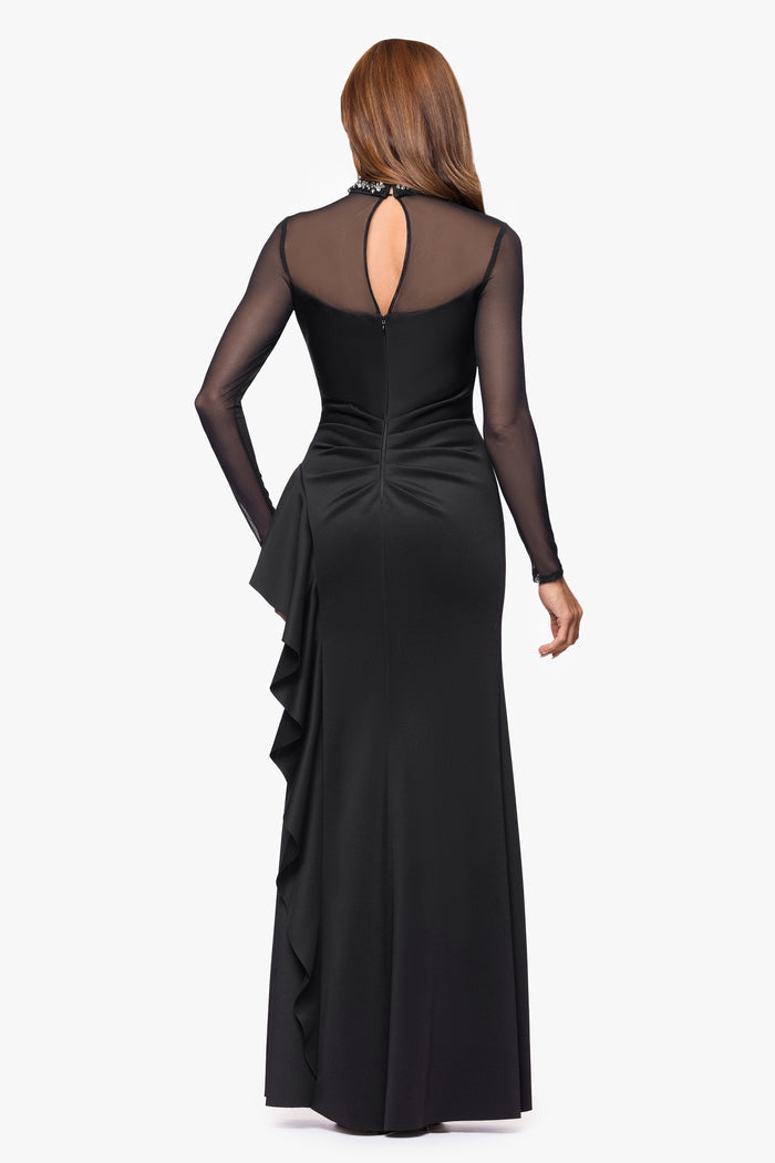 Black “Maxina” Techno Scuba and Mesh Long Sleeves Dress, back view with keyhole opening