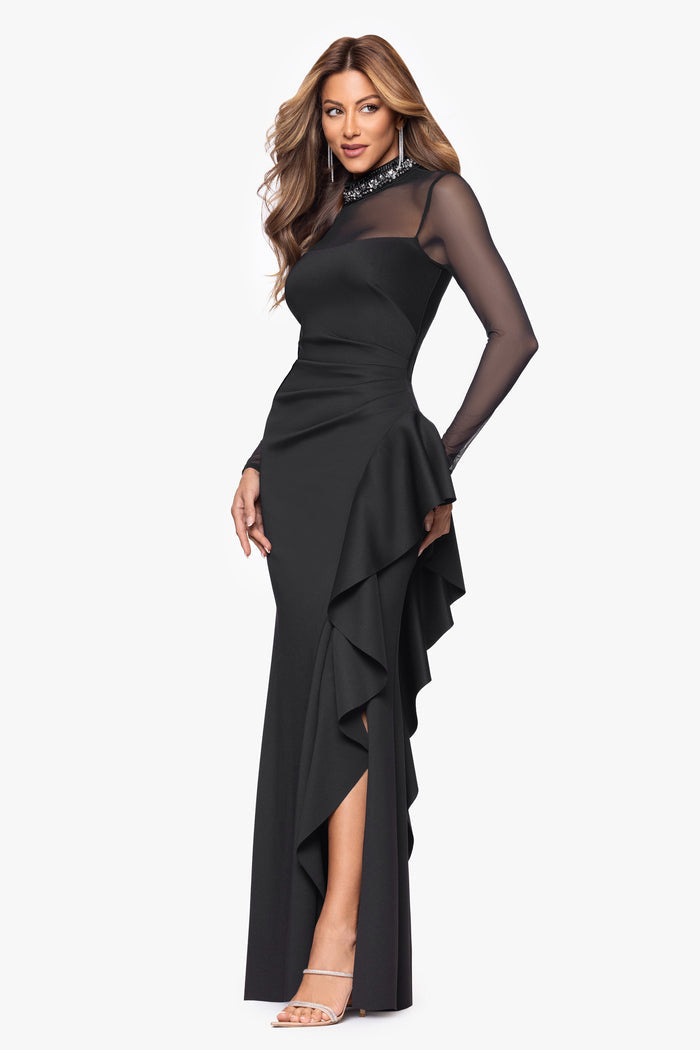 Black “Maxina” Techno Scuba and Mesh Long Sleeves Dress, angled three-quarter view with side slit and cascading ruffle