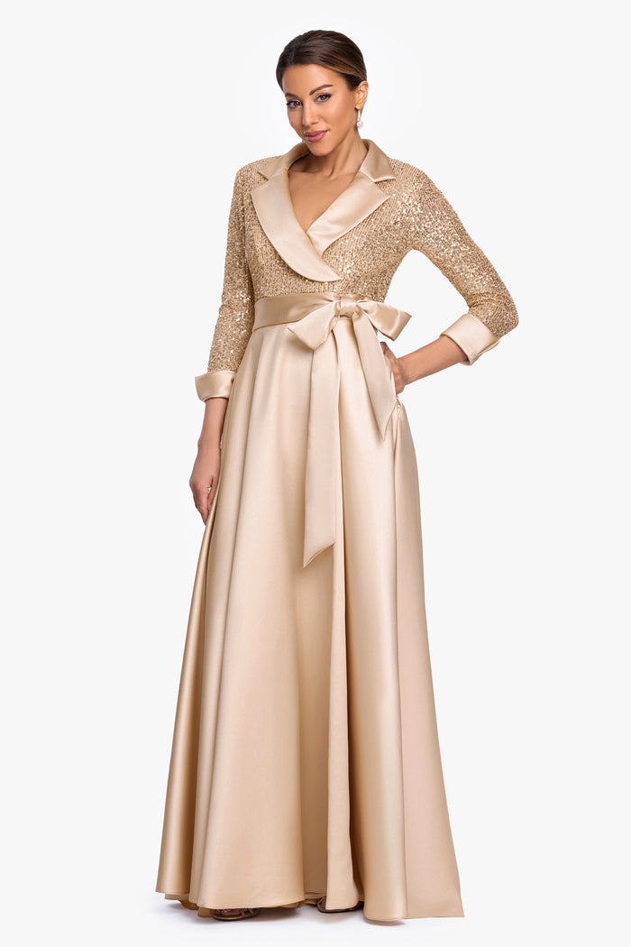 "Megan" Tuxedo Sequin & Lamour Satin Ballgown