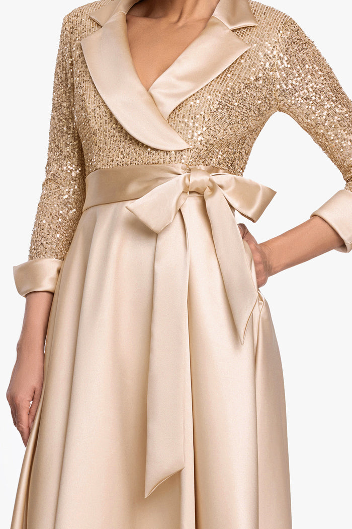 "Megan" Tuxedo Sequin & Lamour Satin Ballgown