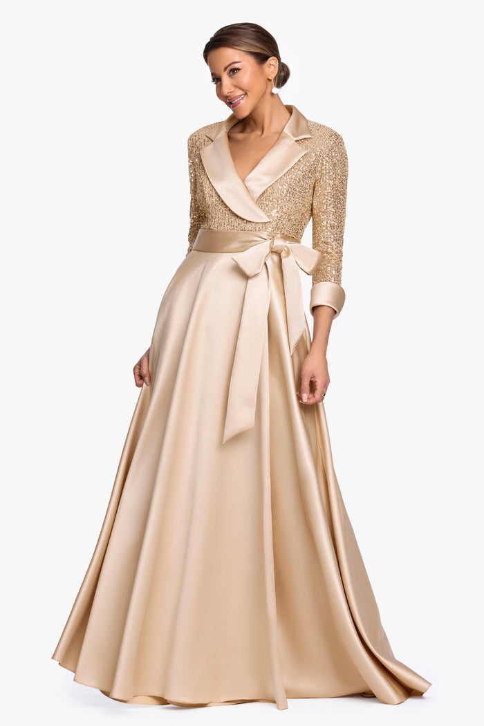 "Megan" Tuxedo Sequin & Lamour Satin Ballgown