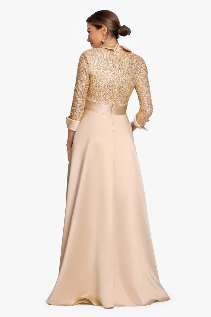 "Megan" Tuxedo Sequin & Lamour Satin Ballgown