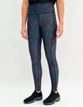 Leggings with a subtle midnight mandala pattern and pockets in dark activewear style.