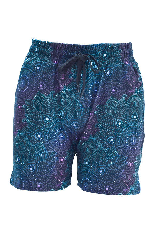 Midnight Mandala Jogger Shorts with slim fit, elastic waistband, pull cord, deep side pockets, and intricate mandala pattern.