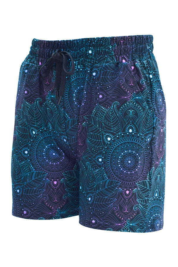 Midnight Mandala Jogger Shorts with slim fit, elastic waistband, pull cord, two deep side pockets, and intricate mandala pattern in blue and purple tones.