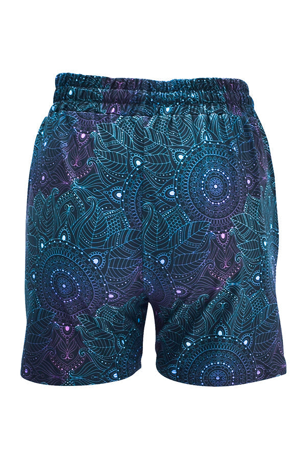 Slim fit Midnight Mandala Jogger Shorts with elastic waistband and deep side pockets featuring a subtle mandala pattern mid-thigh length
