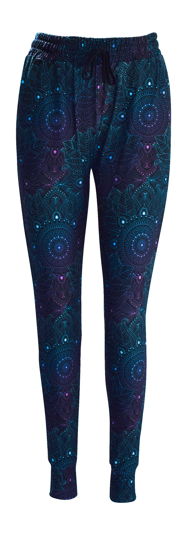 Slim fit Midnight Mandala Joggers with subtle mandala pattern, cuffed bottoms, drawstring waist, and pockets in soft magic fabric