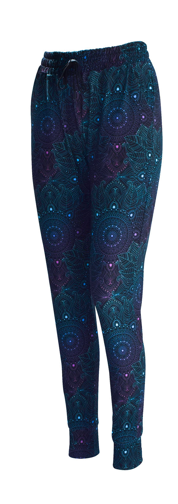 Slim fit Midnight Mandala Joggers with subtle mandala pattern, drawstring waist, cuffed bottoms, and pockets in soft magic fabric