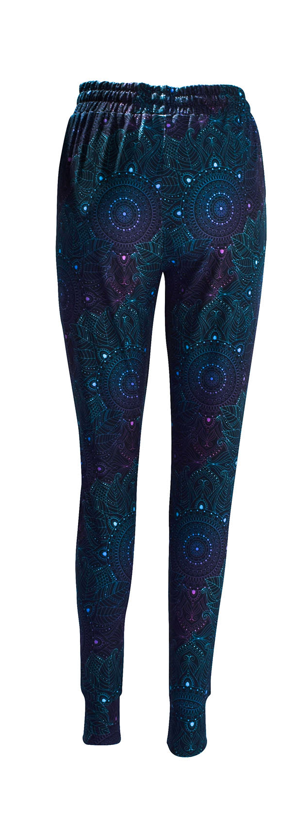 Slim fit Midnight Mandala Joggers with subtle mandala pattern, drawstring waist, cuffed bottoms, and pockets in soft magic fabric