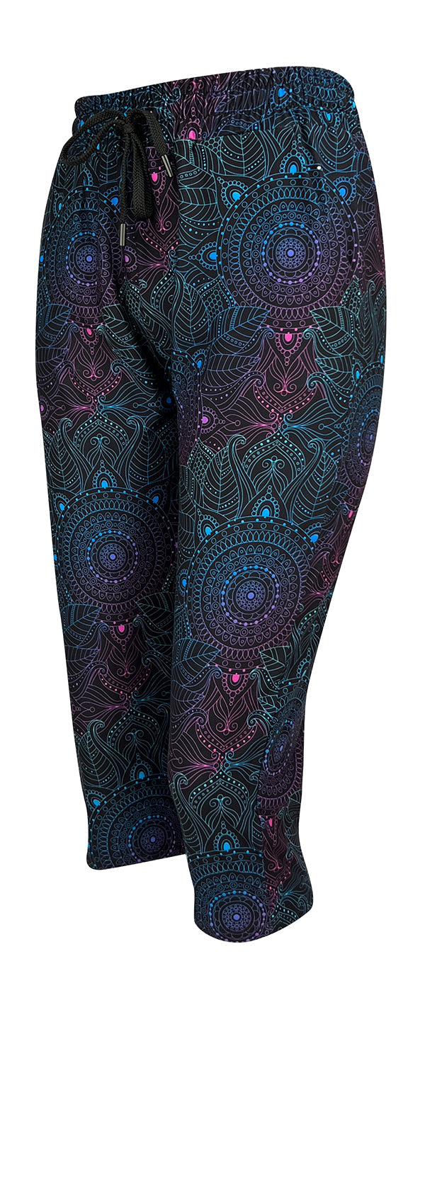 Slim fit Midnight Mandala Joggers with cuffed bottoms, drawstring waist, pockets, and subtle mandala pattern in soft fabric