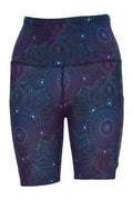 Midnight Mandala Shorts with subtle mandala pattern and deep side pockets in dark blue and purple tones