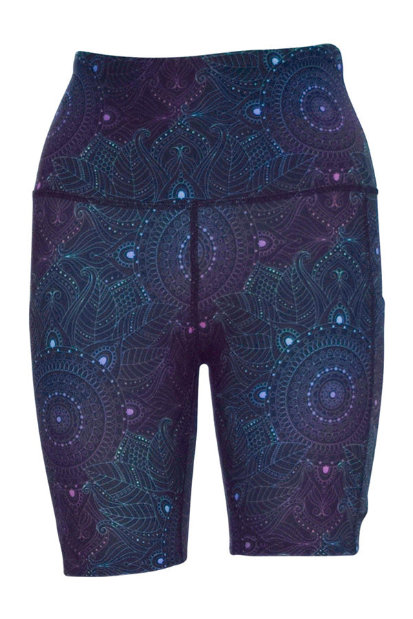 Midnight Mandala Shorts with subtle mandala pattern and deep side pockets in dark blue and purple tones